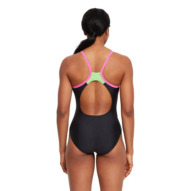 Zoggs Ladies Cannon Strike Back Swimsuit Black/Green/Pink-3